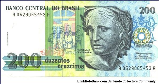 Blue and black on multicolour underprint. Political leaders at center, sculpture of the Republic at center right, arms at right. Oil painting Patria by P. Bruno with flag being embroidered by a family on back. Watermark: Liberty head. Printer: CdM-B. Signature 27. Series #1-1964. Banknote
