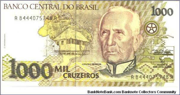 Dark brown, brown, violoet and black on multicolour underprint. Rondon at right, native hut at center, map of Brazil in background. Two Indian children and local food from Amaznia on back. Watermark: Liberty head. Banknote