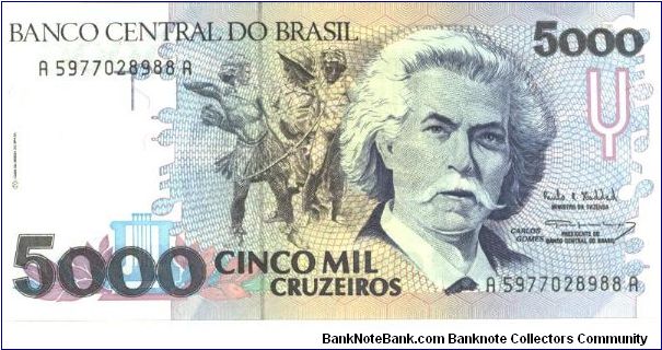 Blue-black, black and deep brwon on light blue and multicolour underprint. C.Gomes at center right, Brazillian youth at center. Statue of Gomes seated, grand piano in background at center on back. Banknote
