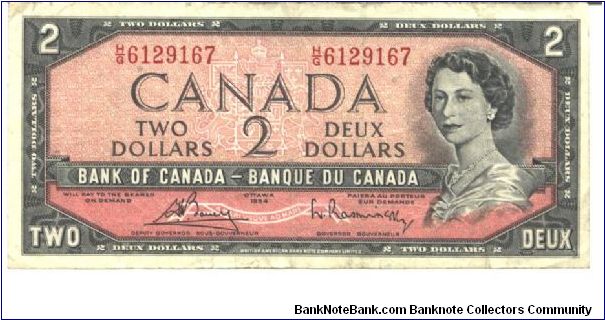Black on red-brown underprint. Like #67 but Queen's hair modified style. Red-brown. Quebec scenery. Printer: BABNC. Banknote