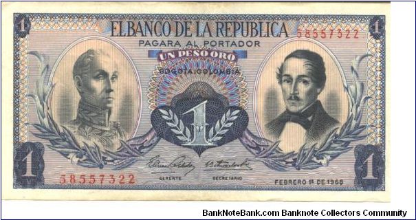 Blue on multicolour underprint. Portrait Simon Bolivar at left, Protrait General Franciso de Paula Santander at right. Liberty head and condor with waterfall and mountain at center. Printer: Imprenta de Billets-Bogota. Banknote