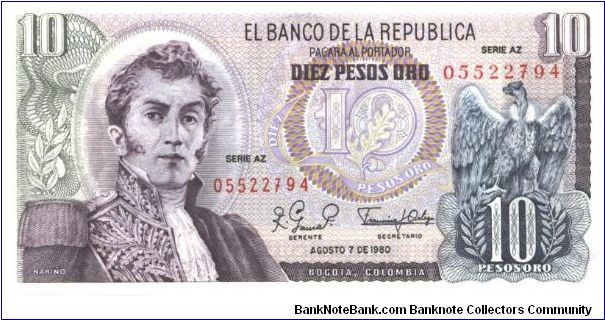 Lilac and slate blue on green and multicolour underprint. General Antonio Narino at left, condor at right. Back red-brown and blue; archaeological site with monoliths. Banknote