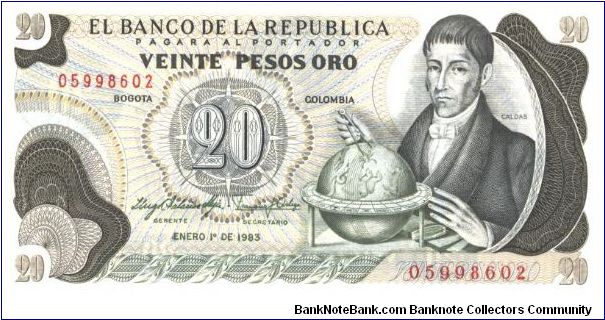 Brown, gray and grren on multicolour underprint. Francisco Jose de Caldas with globe on right. Back brown and green on multicolour underprint. Balsa Musica from Gold Museum. Banknote