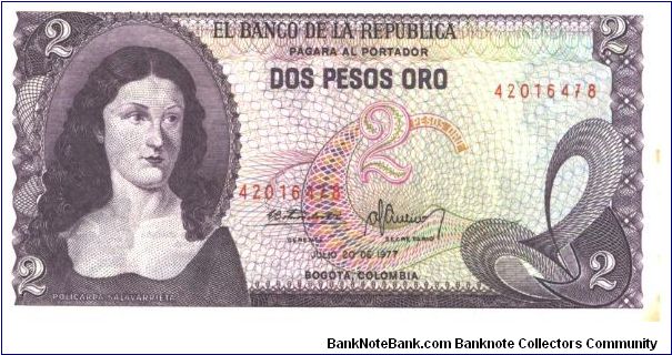 Purple on multivcolour underprint. Policarpa Salavarietta at left. Back brown; El Dorado from the Gold Museum. Banknote