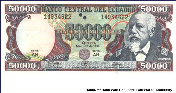 Gray and red-brown on multicolour underprint. Eloy Alfaro at right and as watermark. Arms on back. Segmented foil over security thread. Banknote