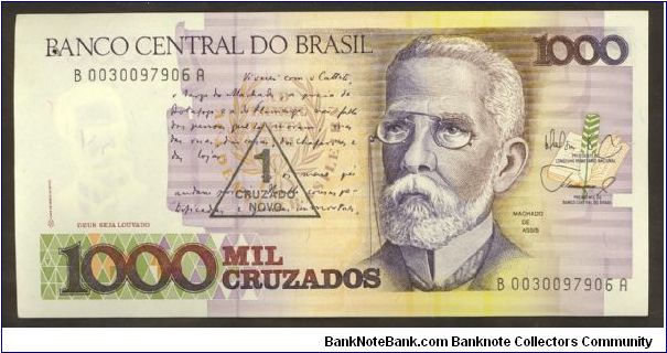 1000 Cruzados with overprint of 1 New Cruzados. Original note from 1987, overprinted 1989 Banknote