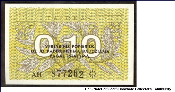 Lithuania 0.1 Talonas 1991 P29b Banknote