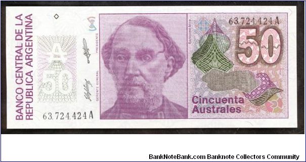 Argentina 50 Australes 1986 P326b  (Bartolome Mitre; Liberty - Progreso) Banknote