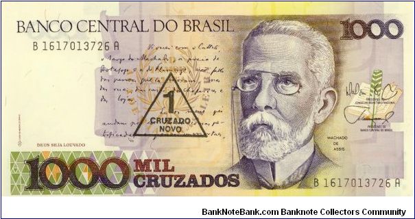 Brazil 1000 Cruzados with overprint of 1 New Cruzados. Original note from 1987, overprinted 1989 P216b Banknote