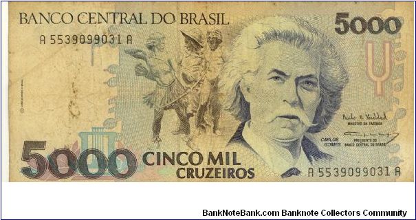 Brazil 5000 Cruzeiros 1990-1993 P232.  C. Gomes at center right, Brazilian youths at center.

Statue of Gomes seated, grand piano in background at center on back. Banknote