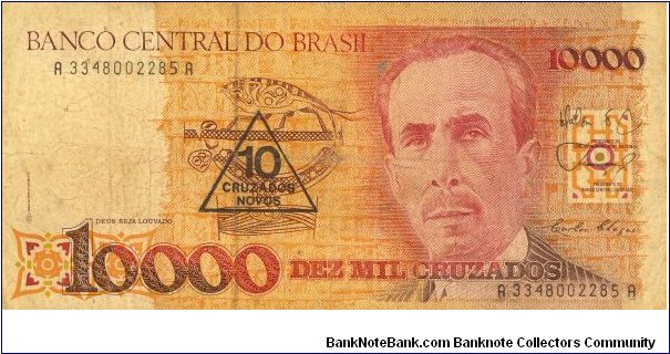 Brazil 10 Cruzados Novos overprinted on 10,000 Cruzados 1990 P218b Banknote