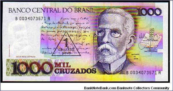 1 Crusado Novo - pk 216 - Sign.26. Series # prefix B - (1989) - Ovpt on 1000 Crusados Banknote