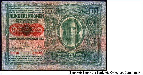 100 Kroner - pk# 56 - Ovpt.DeutschOsterreich - o.d 1912 Banknote
