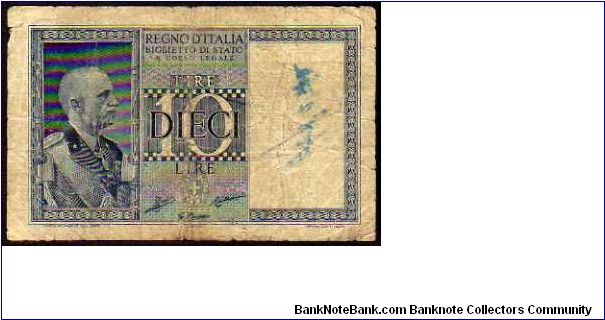 KINGDOM -10 Lire - pk# 25 b - sign.Grassi / Porena / Collari - 1938-XVII Banknote