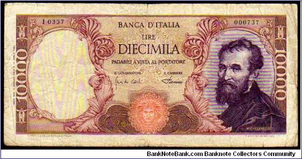 10'000 Lire - Pk 97 - sign.Carli & Pacini - 04.01.1968 Banknote