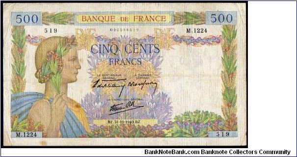 500 Francs - Pk 95 a - sign. de Bletterie / Rousseau / Favre-Gilly - 31.10.1940 Banknote