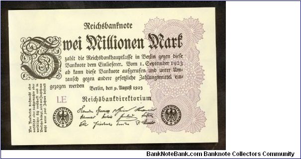 Germany 2 Million Marks 1923 P104a. Single sided note. Banknote