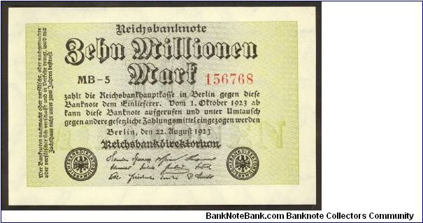 Germany 10 Million Marks 1923 P106a. One sided note. Banknote