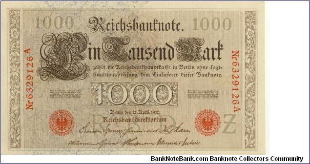 Germany 1000 Marks (Reichsbanknote) 1910.  Dated 21st April 1910 and marked Z. P44b Banknote