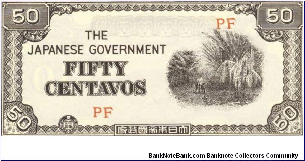 PI-105 Counterfeit 50 centavos note under Japan rule, RARE block letters PF. Banknote