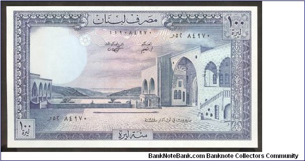 Lebanon 100 Livres 1988 P66. Blue on light pink and light blue underprint. PalaisBeit-ed-din W/ inner courtyard.  Watermark is a bearded elder. Snowy cedars on Lebanon mountains on reverse. Banknote