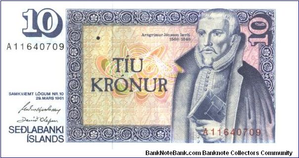 Blue on multicolour underprint. Amgrimur Jonsson at right. Old Icelandic household on back. Signature 37, 38, 42, and 43. Banknote