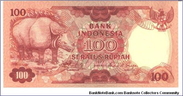 Red on multicolour underprint. Java Rhinoceros at left. Java Rhinoeros in jungle at center on back. Watermark: Arms Banknote