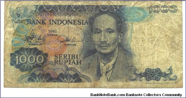 Blue on multicolour underprint. Dr. Soetomo at center right. Mountain scene in Sianok Valley on back. Watermark: Sultan Hssnudin Banknote