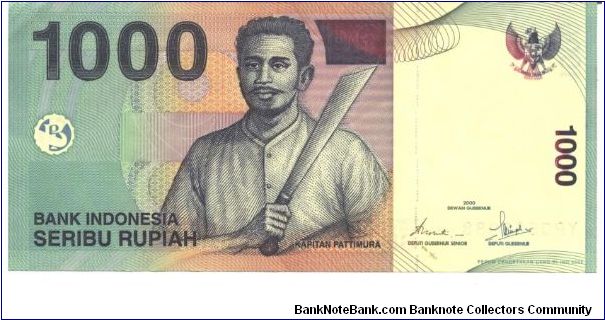 Purple on red, blue and multicolour underprint. Kapitan Pattimura at center. Fishing boat and volcano on back. Banknote