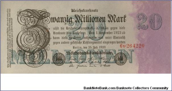 Germany 20,000,000 (20 Million) Mark 1923 P97a Uniface. Banknote