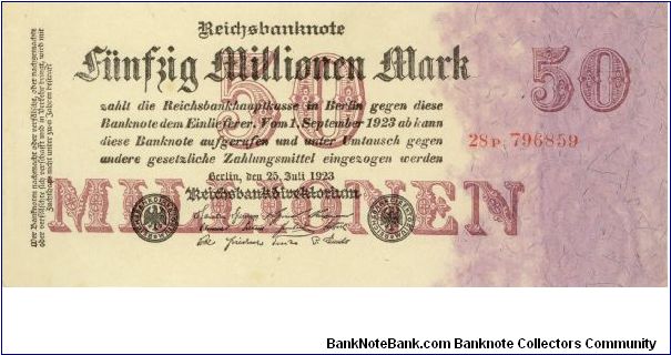 Germany 50,000,000 (50 Million) Mark 1923 P98b Uniface. Banknote