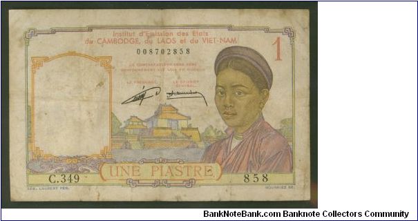 French Indochina 1 Piastre 1953 P92 Banknote