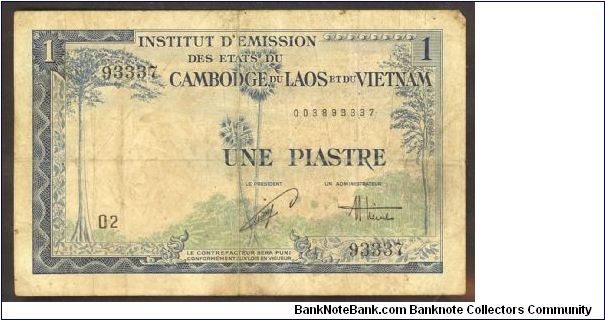 French Indochina 1 Piastre 1954 P105. Banknote