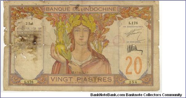 French Indochina 20 Piastres 1928 P50. Banknote