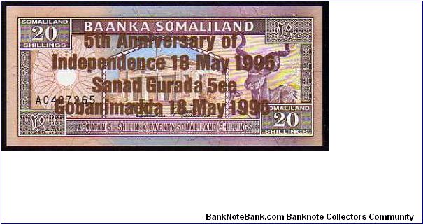 (Somaliland)

20 Shillings
Pk 10

(Indipendence Annivesary in Bronze - o.d 1994) Banknote