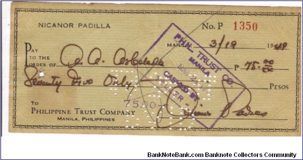 Philippine Trues Company Check with 4 centavos Documentary stamp on reverse. Banknote