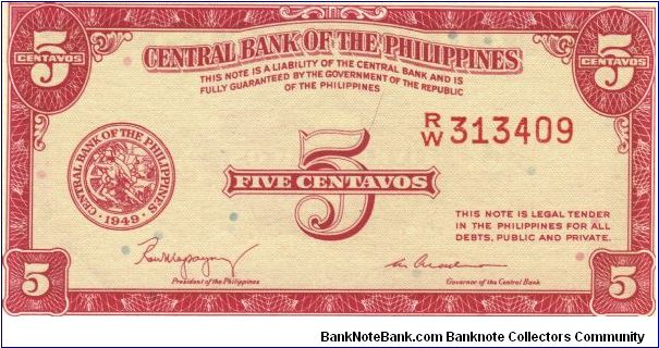 PI-126 Philippine English series 5 centavos note in series, 1 - 2. Banknote