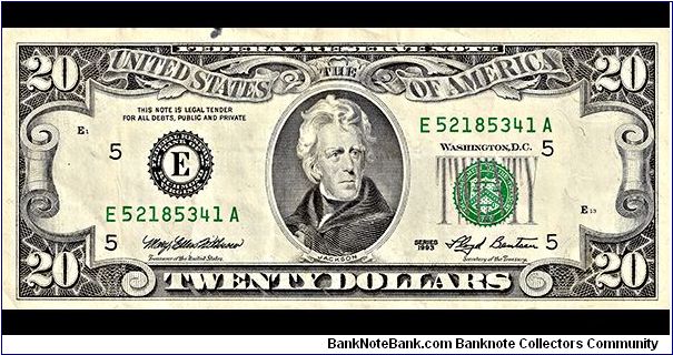 USA 20 Dollars 1993.
Obverse: Andrew Jackson.
Reverse: The White House.
Watermark: No.
I received this note through normal circulation. Banknote