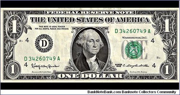 USA 1 Dollar 1963. Obverse: George Washington.
Reverse: Seal(s) of the United States.
Watermark: No.
I received this note through normal circulation, still almost like new after 43 years! Banknote