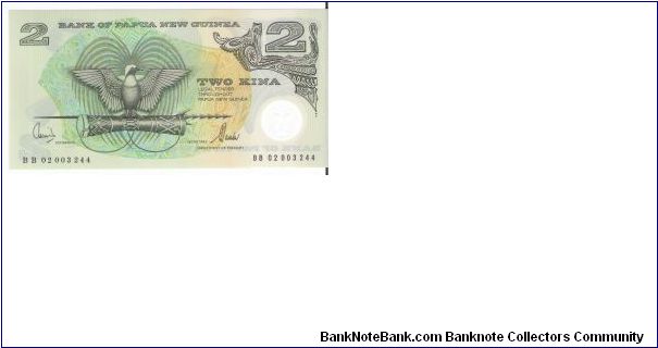 2 Kina.

Polymer plastic.

Front:Bird of Paradise

Back:Artifacts Banknote
