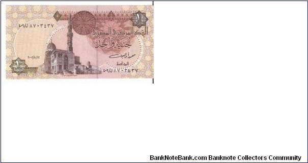 1 Pound

Front: Sultan Qait Bey mosque at left cennter. 

Back: Statues from the Abu Simbel Temple Banknote