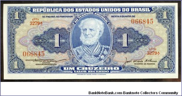 Brazil 1 Cruzeiro 1956 P150c Sign 5. Banknote