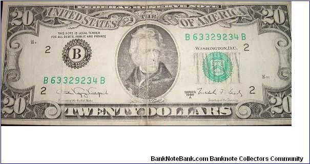 Series 1988 A 'small-head' $20 bill found in circulation on 11/18/1007 Banknote