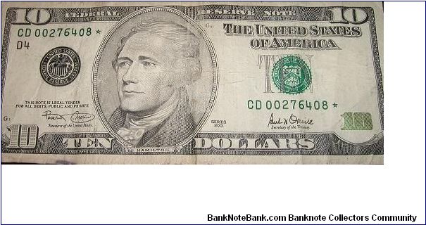 Series 2001 $10 bill star note (common) found in circulation on 11/17/2007 Banknote