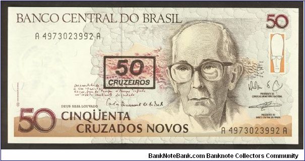 Brazil 50 Cruzeiros Over Printed on 50 Cruzados Novos 1991 P223. Banknote