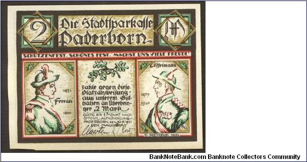 Germany Notgeld 2 Mark Paderborn 1921 L1015b Banknote