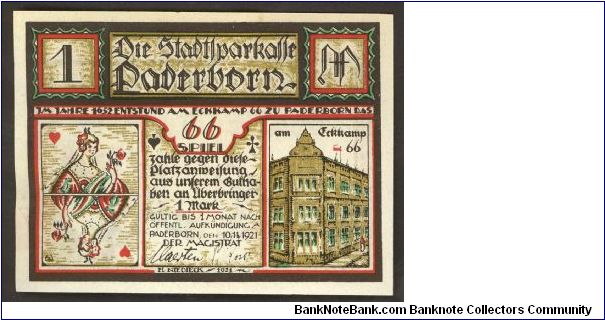 Germany Notgeld Paderborn 1 Mark 1921 L1015b. Banknote