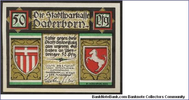 Germany Notgeld Paderborn 50Pf 1921 L1015b. Banknote