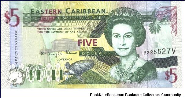 Dark green, black and violet on multicolour underprint. Adrmiral's House in Antigua and Barbuda at lefy, Trafalgar Fall in Dominica at right on back. Banknote