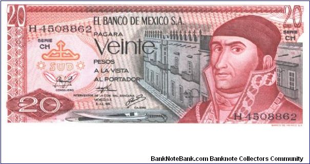 Red and black on multicolour underprint. J. Morelos y Pavon at right building in background. Pyramid of Quetzalcoatl on back. Banknote